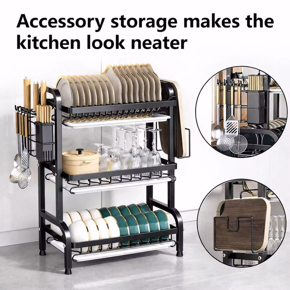 Kelvenix 3 Tier Dish Drying Rack Kitchen Drainer in Black with Cutlery Holder and Drip Tray – 3