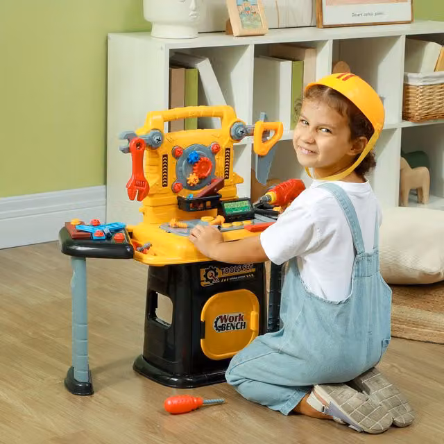 AIYAPLAY 102-Piece Workbench Play Tools Toy Set with Electric Drill and Storage in Yellow