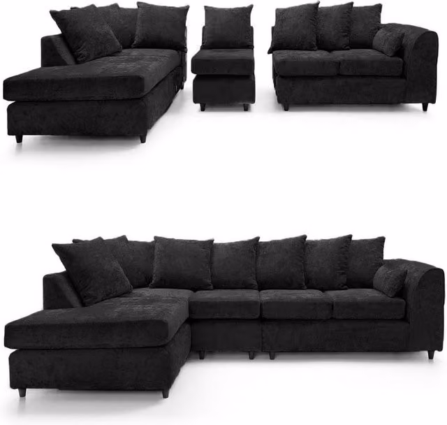 Furnishings For Less UK Monaco Black Chenille Fabric 5 Seater L Shaped Corner Sofa, Left Hand Facing – 1