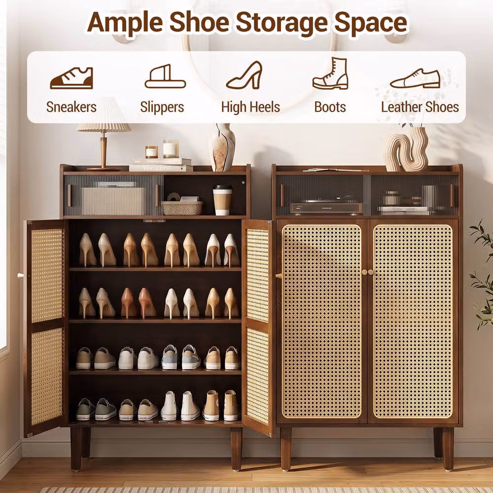 Gymax Bamboo Freestanding Shoe Cabinet with Rattan Sliding Doors in Brown – 6