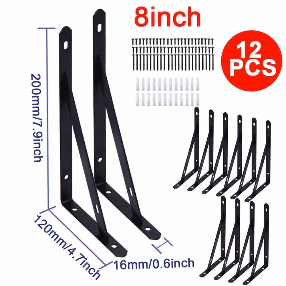 SPETLEK 12-Piece Matt Black Stainless Steel L-Shaped Wall Mounted Shelf Brackets – 2