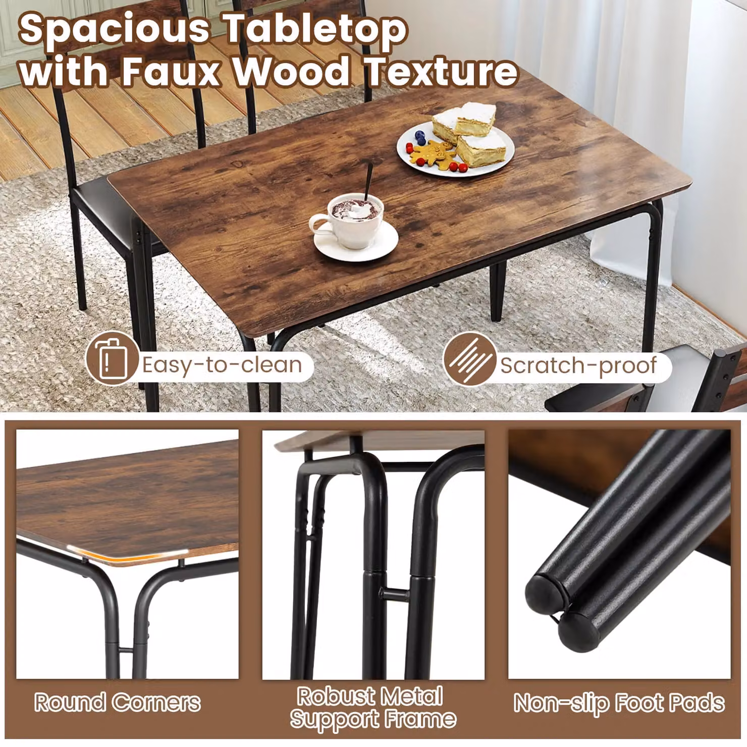 Costway 5-Piece Rectangular Dining Table and 4 Armless Chairs Set in Brown – 5