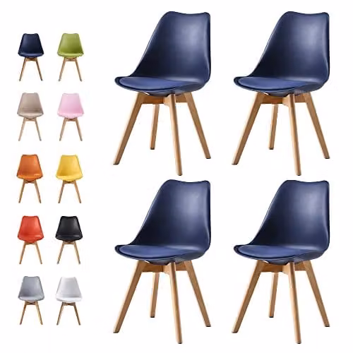 MCC Direct Set of 4 Retro Eva Dining Chairs with Padded Synthetic Leather Seats and Wooden Legs in Blue, W/D/H: 48 x 42 x 82 cm – 1