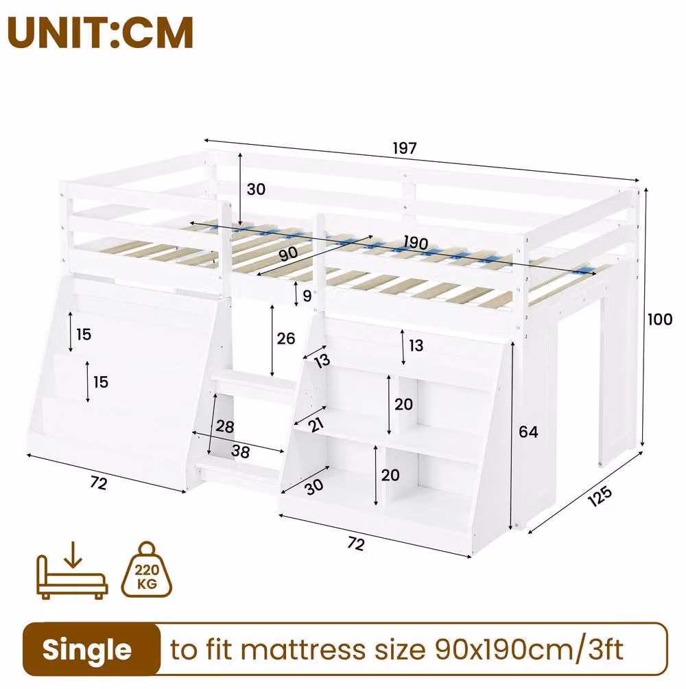 STILVORA Single Low Loft Bed in White with LED Under-Bed Lighting and Side Compartment Storage – 2