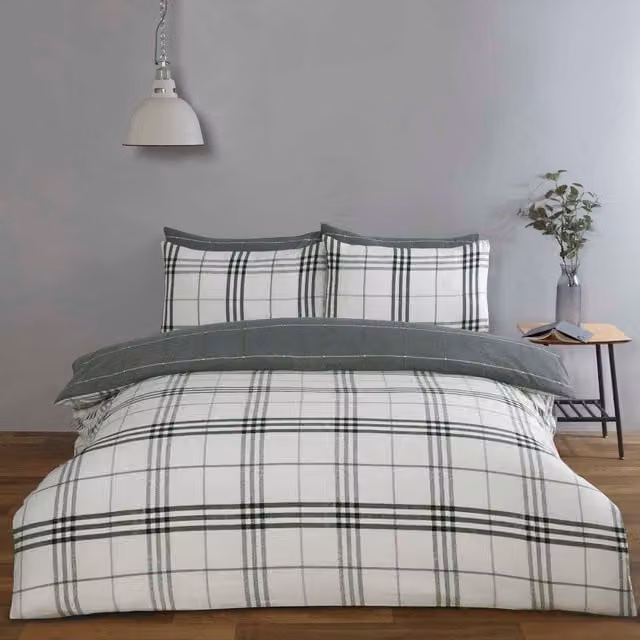 Rapport Home Grey Harris Check Microfibre Reversible Duvet Cover Set, 140 x 200 cm