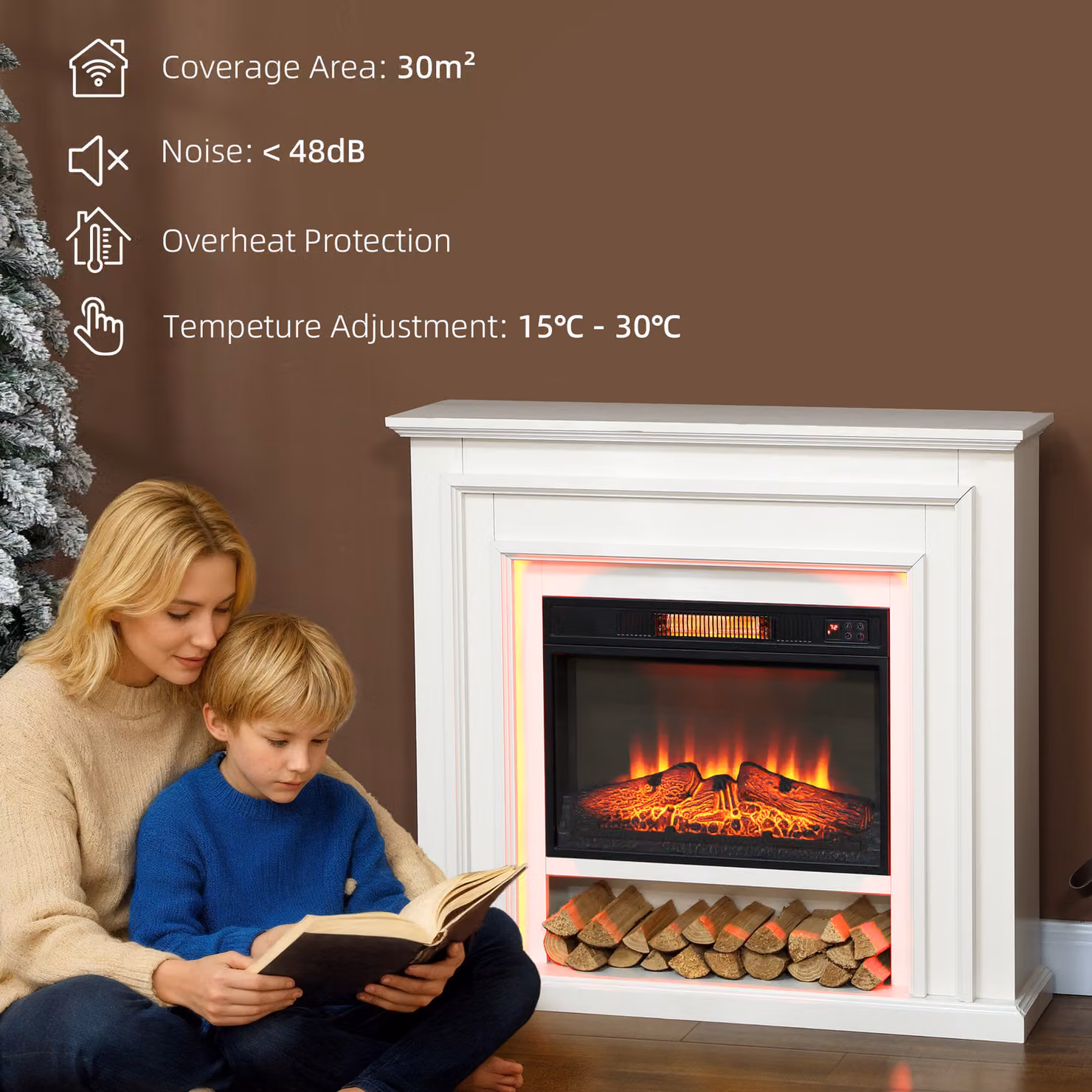 HOMCOM White Inset Electric Fireplace with RGB LED Lights, Realistic Flame Effect, 1800W, Remote and Timer – 4