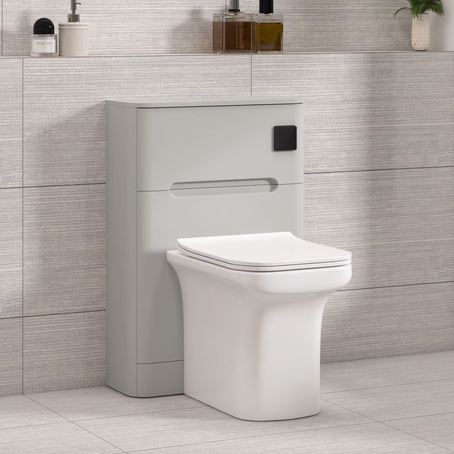 Royal Bathrooms Venice Wall Mounted Dove Grey WC Unit with Crosby Rimless Ceramic Toilet Pan, Seat and Cistern, Width: 55 cm