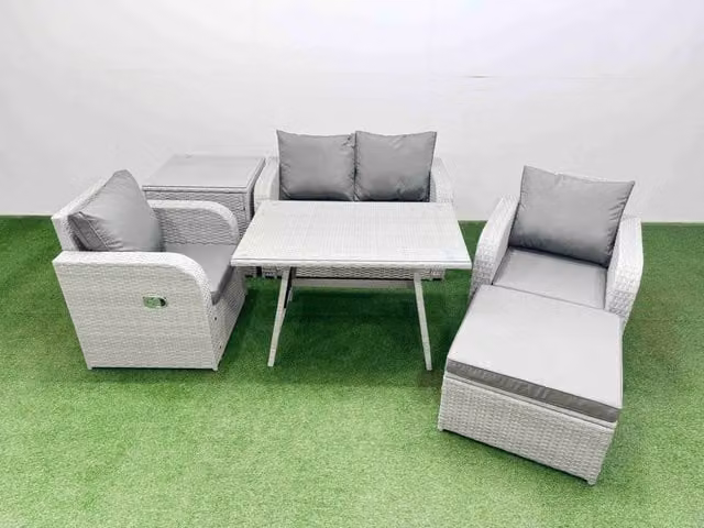 Fimous Grey PE Wicker Rattan Garden Furniture Set with 2 Seater Sofa, Lounge Armchair, Ottoman and Coffee Table