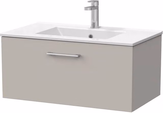 Balterley Pershall Modern Wall Mounted 1 Drawer Vanity with Ceramic Basin, Pebble Grey, Width: 80 cm