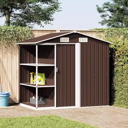 vidaXL Metal Garden Shed with Shelving, Brown, W: 205 cm, D: 130 cm, H: 183 cm – 2