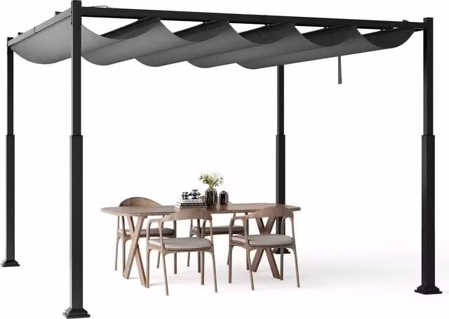 Costway Grey Outdoor Pergola with Retractable Canopy and Heavy-Duty Metal Columns, W: 310 cm, D: 310 cm, H: 225 cm