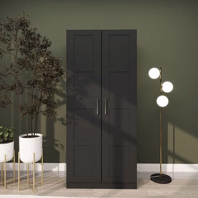 HOMCOM Modern Double Wardrobe with Soft-Close Hinged Doors, Internal Shelves and Hanging Rail in Black and Silver