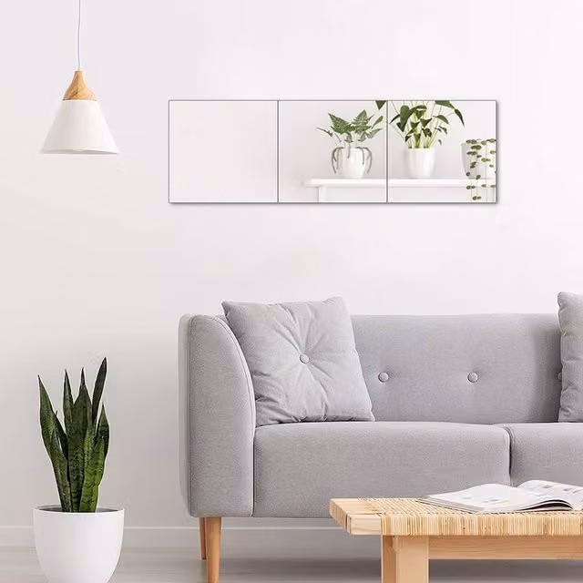 Livingandhome Square Acrylic Adhesive Wall Mirror Tiles, White, 3 Pieces, W/D/H: 30 x 30 x 30 cm