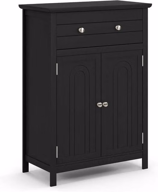 VOGREX Black Matt Freestanding Modern Bathroom Storage Cabinet with Internal Shelves and Hinged Doors