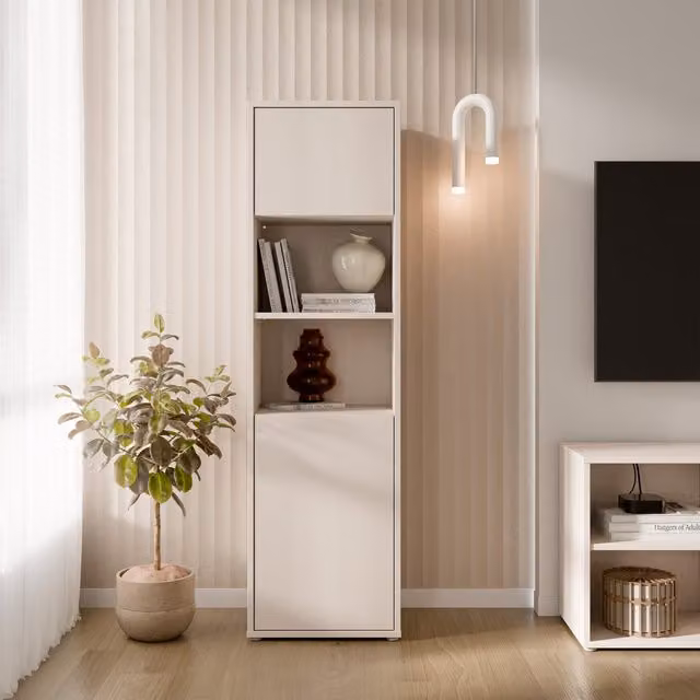 Furniture To Go Alice Springs Tall Storage Cabinet in Sand with 2 Hinged Doors and Internal Shelf