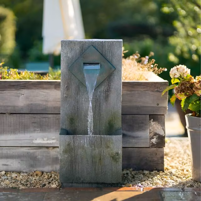 Primrose Rustic Brown Wooden Wall and Basin Cascading Blade Tabletop Water Feature