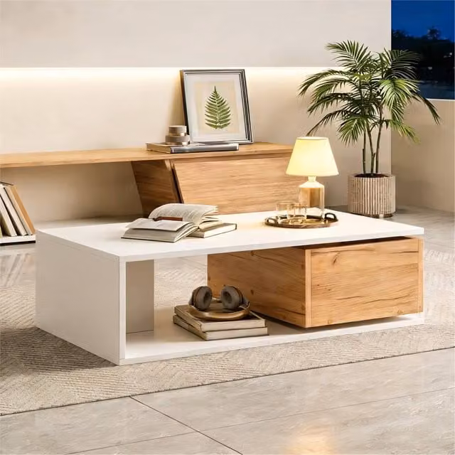 VOGREX White Glossy Coffee Table with Storage Drawer and Lift Mechanism – 1