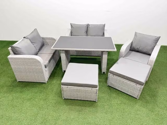 Fimous 7 Seater Outdoor Patio Furniture Set with Love Sofa and 2 Large Stools in Light Grey