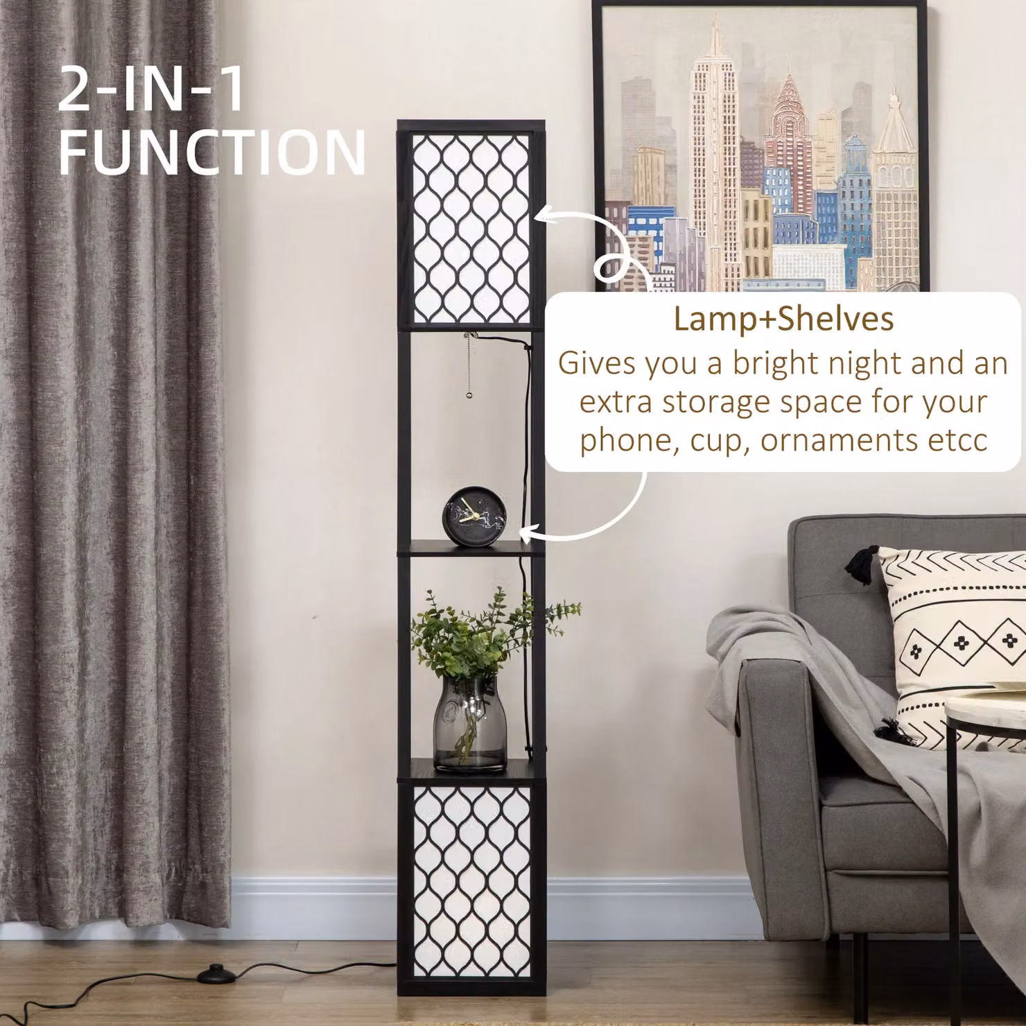 HOMCOM Modern 2-Light Floor Lamp with Shelves in Black and White – 3