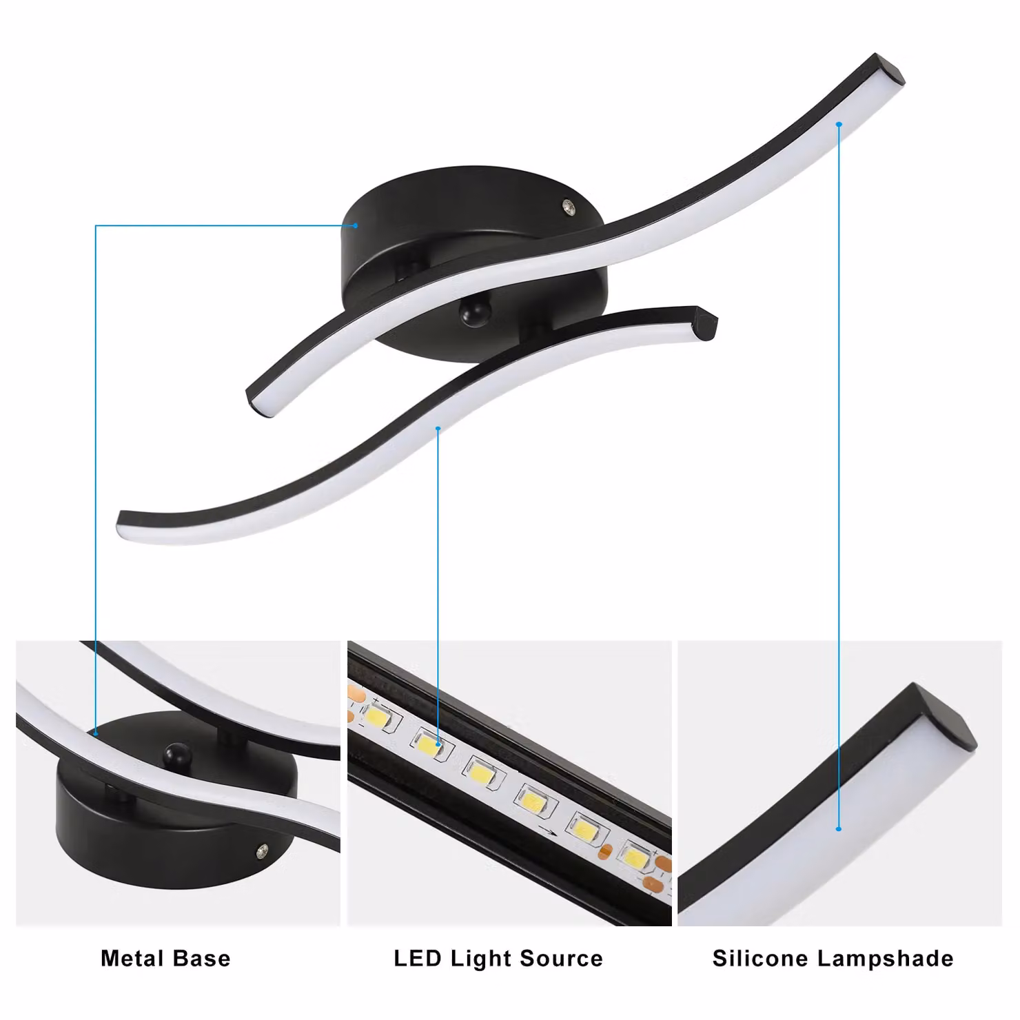 Pheashine Modern Black 2-Bar Wave LED Flush Mount Ceiling Light, 12W, 6500K Cool White, W: 52 cm – 2