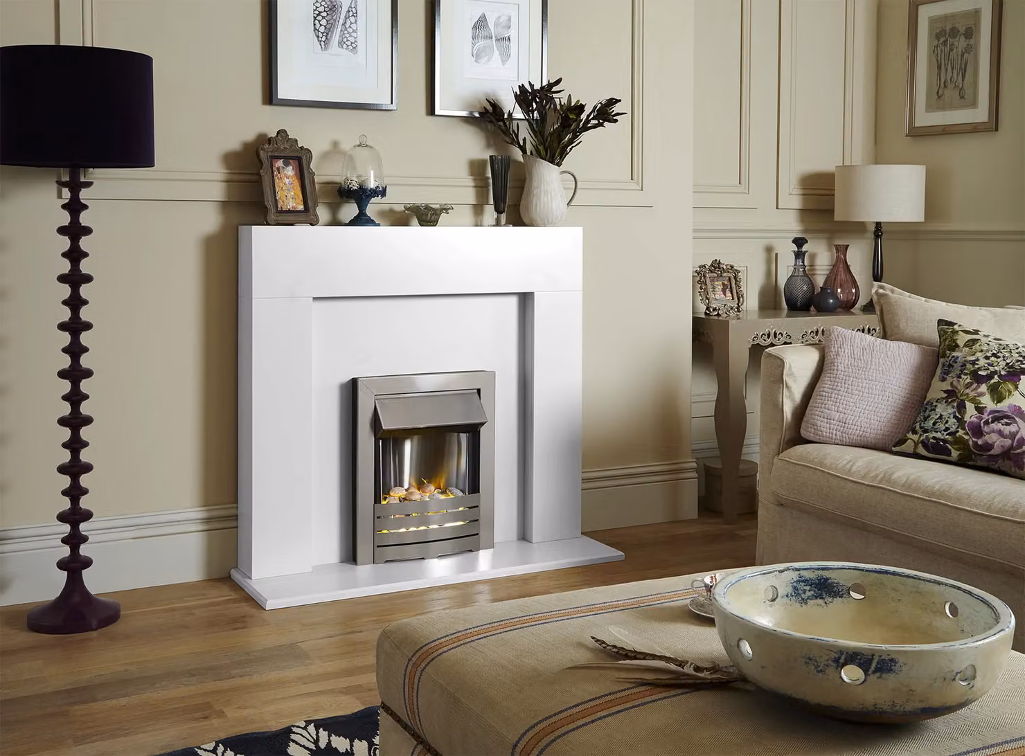 Adam Fires & Fireplaces Miami Fireplace in Pure White with Helios Electric Fire in Brushed Steel and Grey – 2
