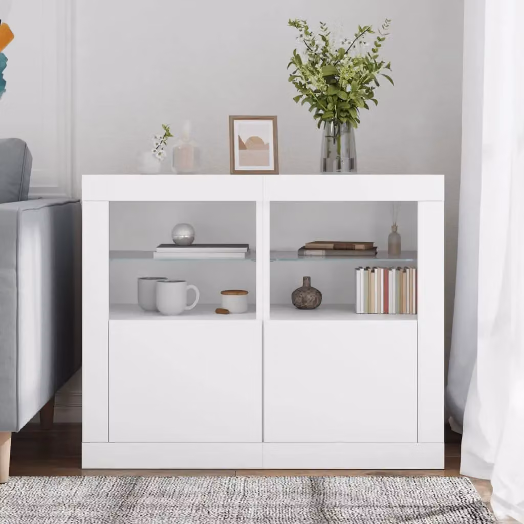 Berkfield Home Set of 2 Modern White Matt Side Cabinets with Integrated LED Lighting and Glass Doors – 2