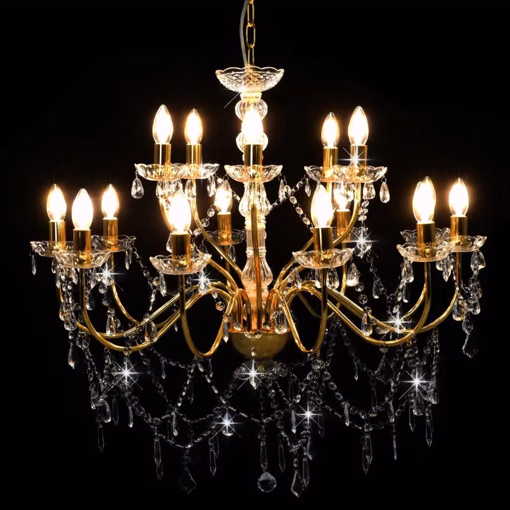 Berkfield Home 2-Layer Crystal and Metal Suspended Chandelier in Gold/Brass with 15 x E14 Bulbs – 2