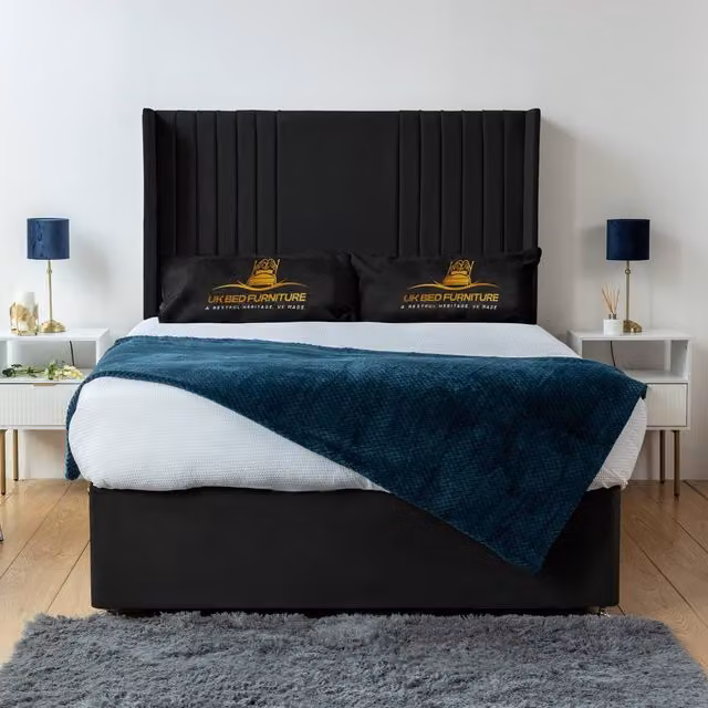 UK Bed Furniture Skyline Wingback Divan Bed Base with 54 Inch Headboard in Black Velvet, W/D/H: 140 x 200 cm