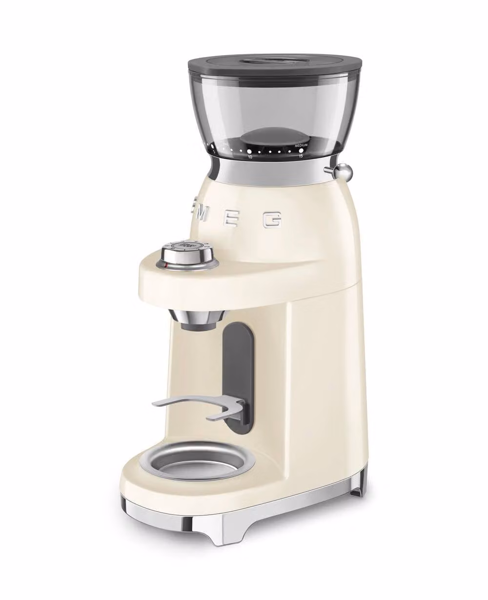 Smeg Coffee Grinder in Cream and Beige with Stainless Steel and Plastic Details