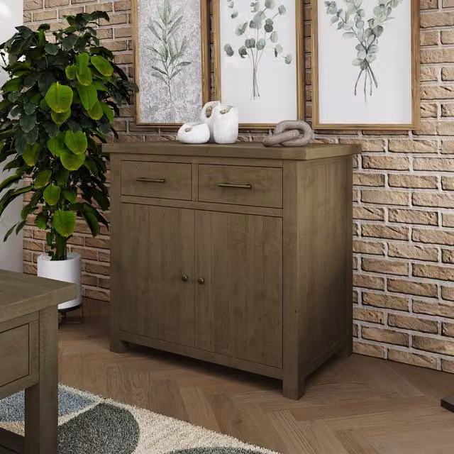 FWStyle Rustic Solid Reclaimed Natural Pine Small Sideboard with 2 Doors and 2 Drawers, Brown