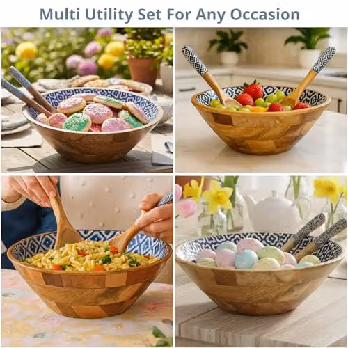 Hartsmede Sambhal Mango Wood Salad Serving Bowl with Spoons, Blue and Brown – 7