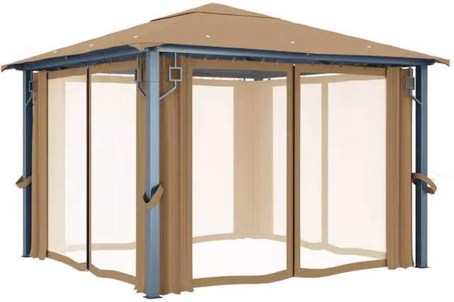 Berkfield Home Hip Gazebo with Curtains, Beige Aluminium, W/D/H: 300 x 300 x 270 cm