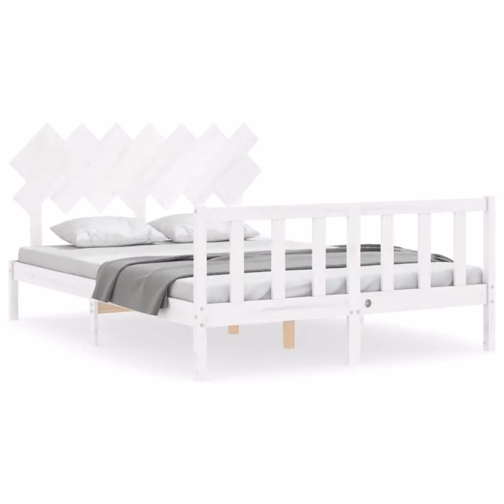 Berkfield Home Solid Wood Bed Frame with Headboard in White, W/D/H: 140 x 200 cm – 2