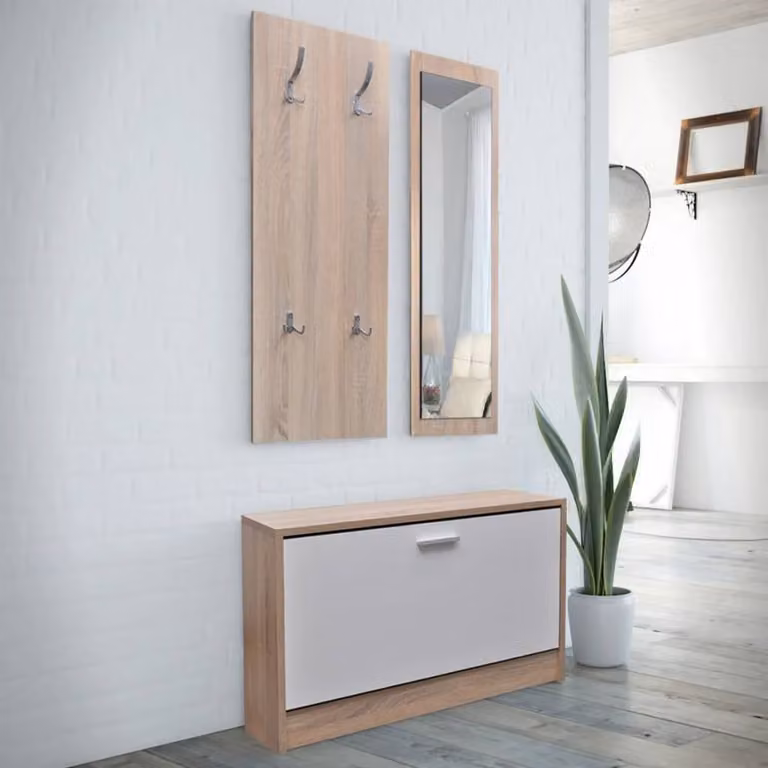 Berkfield Home 3-in-1 Oak and White Wooden Shoe Cabinet Set with Mirror and Wall Rack in Brown