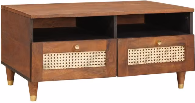 Berkfield Home Brown Cane and Solid Mango Wood Coffee Table with Drawer and Shelf