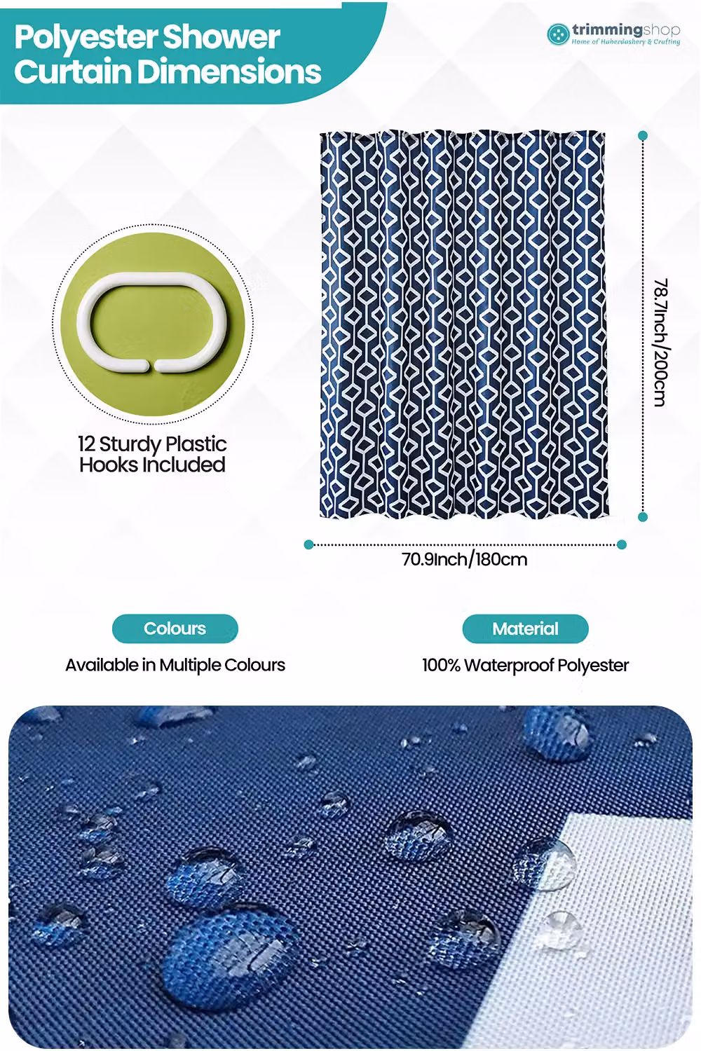Neel Blue Abstract Geometric Shower Curtain, Navy Blue, W/D/H: 180 x 180 x 200 cm – 2