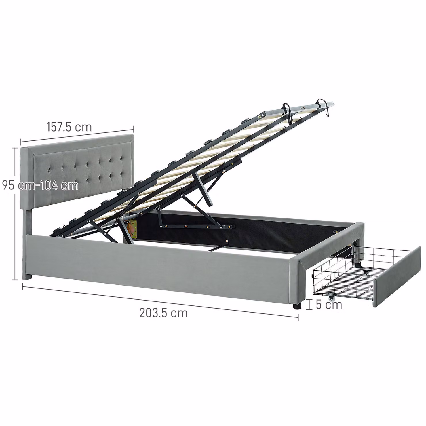 HOMCOM Double Size Grey Velvet Ottoman Bed Frame with Lift-Up Base and Front Drawer, W: 140 cm, D: 200 cm, H: 193.5 cm – 3