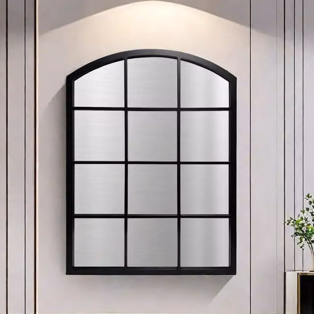 Biznest Window Style Geometric Grid Arch Top Wall Mirror in Black, H 76 cm x W 50 cm
