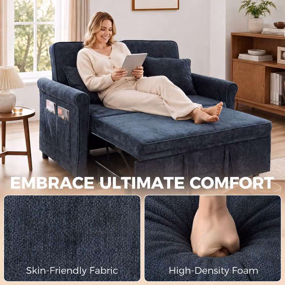 HOMCOM 2 Seater 3-in-1 Convertible Pull Out Sofa Bed in Dark Blue Chenille Fabric – 6