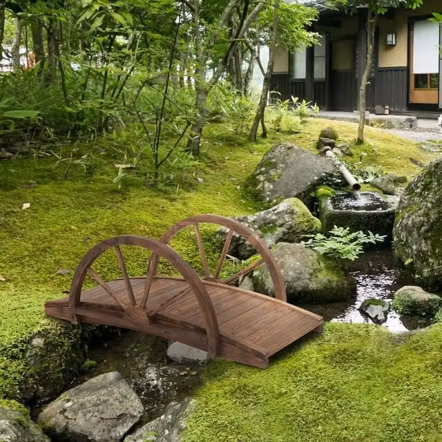 OUTSUNNY Wooden Garden Bridge Arc Walkway with Half Wheeled Railings in Tan/Brown