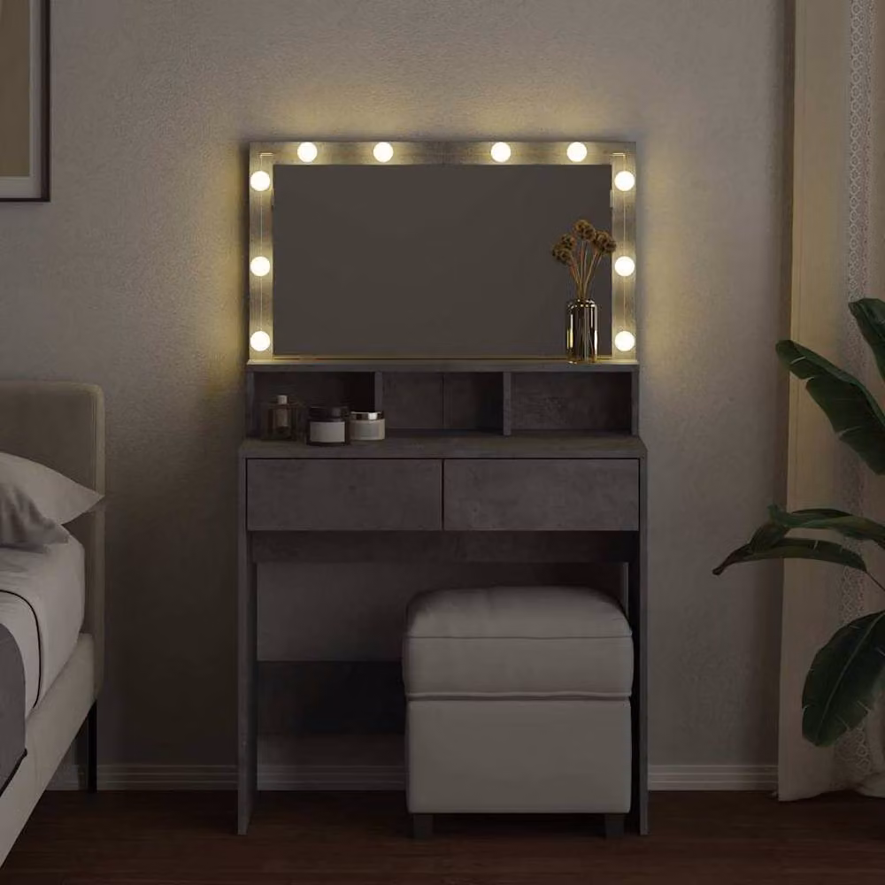 Berkfield Home Modern Dressing Table with Hollywood LED Mirror in Concrete Grey, W: 80 cm, D: 41 cm, H: 134.5 cm – 3