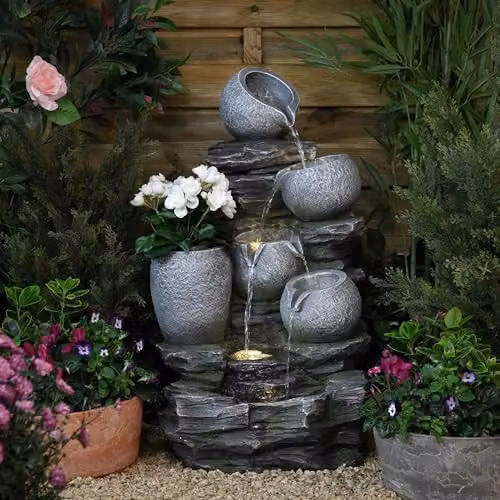 Serenity Water Features Grey Cascading River Rock Water Feature with Integrated Planter, Polyresin Construction, W/D/H: 75 x 46 x 43 cm