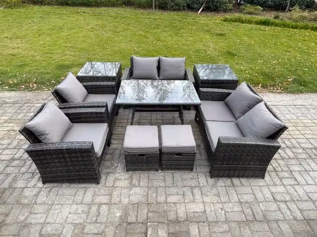 Fimous 9 Piece Dark Grey Wicker Rattan Garden Furniture Set with Glass Table