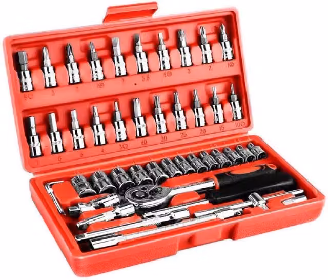 VOGREX 46-Piece Metric Socket Set with Ratchet and Torx Wrench Kit in Silver Chrome Vanadium Steel