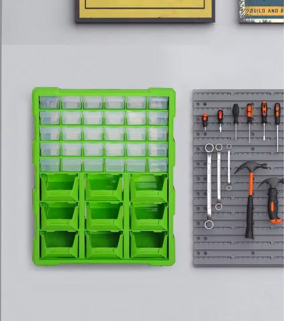 DURHAND 39 Drawer Wall Mount Organiser in Green and Transparent Plastic