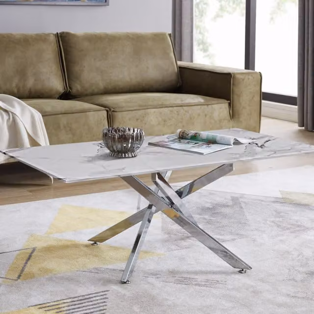 FurnitureboxUK Leonardo Coffee Table with White Marble Effect Glass Top and Silver Metal X-Frame Legs