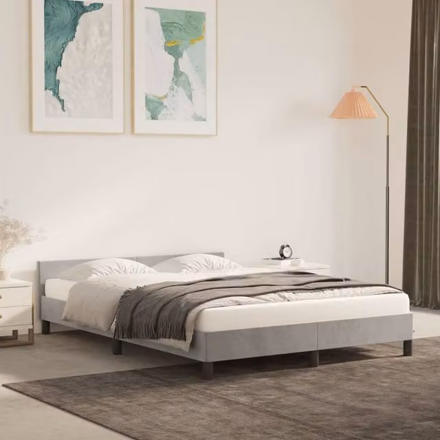 Berkfield Home Upholstered Velvet Bed Frame with Headboard in Light Grey, W: 135 cm, L: 190 cm – 1