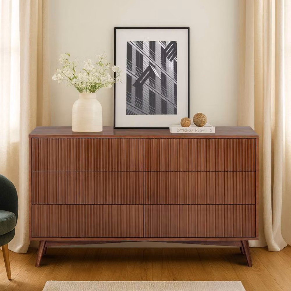 Teamson Home Tremolo 6 Drawer Horizontal Dresser in Brown with Fluted Wood Fronts, W: 140 cm, H: 81.28 cm, D: 45.72 cm – 3