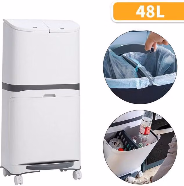 PAWNORA 2 Tier Mobile Recycling Bin with Pedal, 48L, White