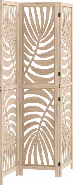 HOMCOM 3 Panel Room Divider with Palm Leaf Design in Natural Wood Finish, Brown, H 170 x W 120 cm – 1